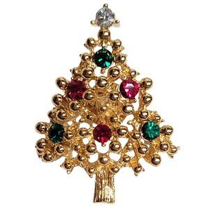 Gold Tone Red Green Rhinestone Christmas Tree Lapel Pin